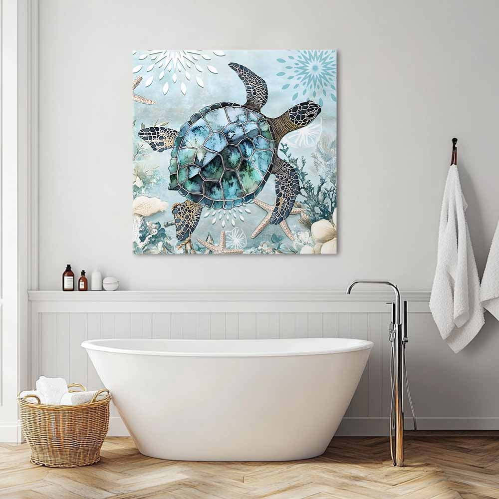 Ocean Turtle Canvas Wall Art, Marine Life Starfish Coral Retro Framed Wall Decor Modern Artwork Prints Painting for Living Room, Bedroom, Kitchen & Cafe Decor 16x16 Inch