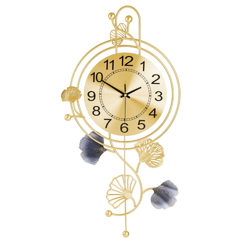 Elegant Metal Wall Clock with Pendulum and Gold and Gray Leaves, Modern Non-Walking Silent Metal Wall Clock