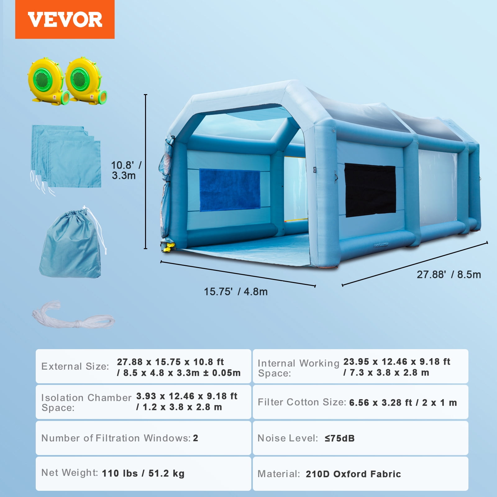 SKYSHALO Inflatable Paint Booth, 28x16x11ft Inflatable Spray Booth, High Powerful 750W+950W Blowers Spray Booth Tent, Car Paint Tent Air Filter System for Car Parking Tent Workstation Motorcycle