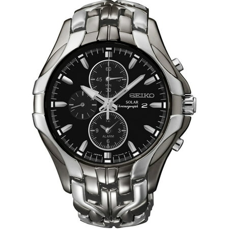 Seiko Mens Solar Alarm Chronograph Stainless Watch - Silver Bracelet - Black Dial - SSC139