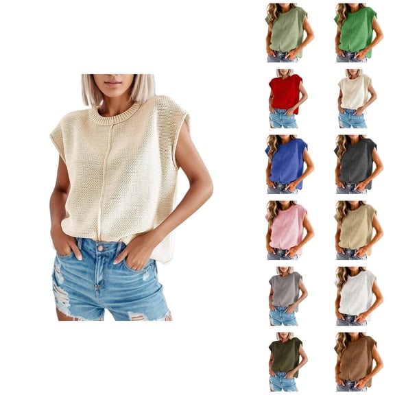 T Shirts for Women 2026 Summer Short Sleeve Sweater Plain Casual Loose Cap Sleeve Crewneck Knitted Tshirt Blouse