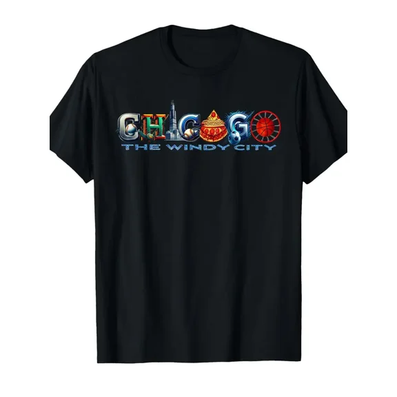 Men'S Chicago Sports Fan T-Shirt - Windy City Graphic Tee with CHICAGO Lettering - Black Shirt Featuring Red, Blue, Golden Accents - Casual Crewneck Top for Baseball