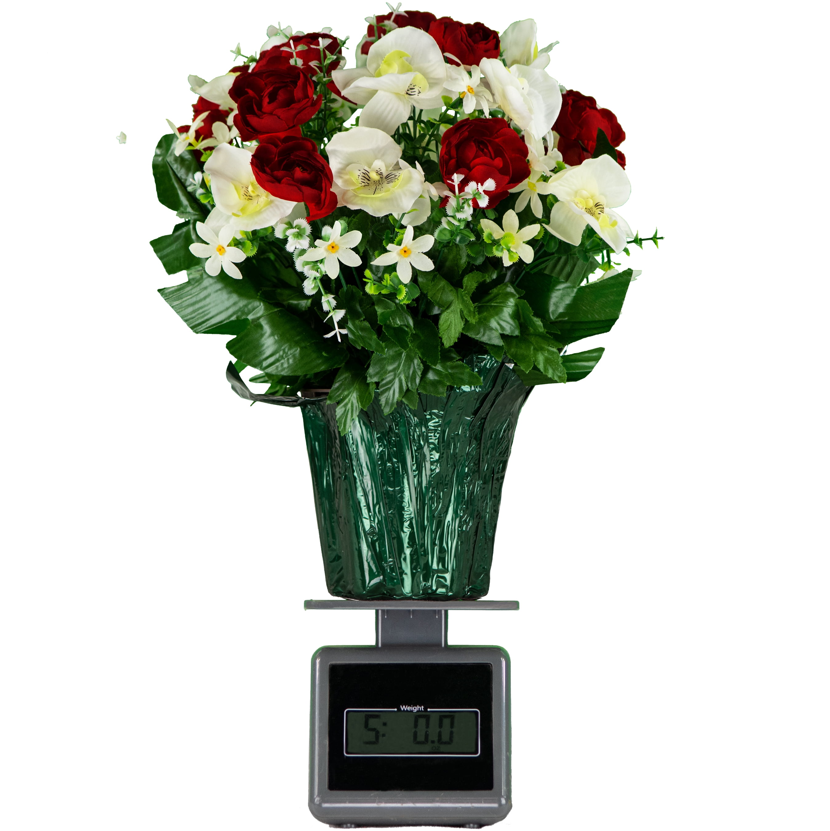Sympathy Silks Artificial Flowers - Weighted Pot bouquet Decoration - Red Cabbage Rose and White Orchids Flower Pot