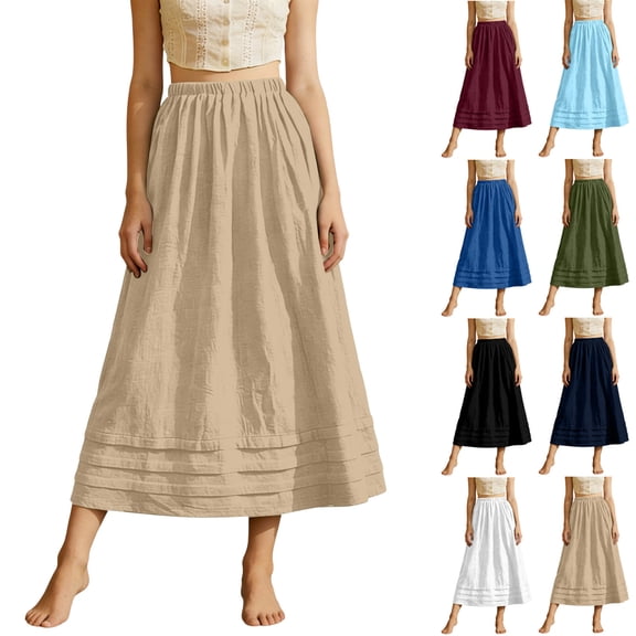 QATAINLAV Business Skirts for Women Casual Elastic High Waisted Pleated Midi Skirts Solid Color Satin Flowy Swing Long Skirts Green M