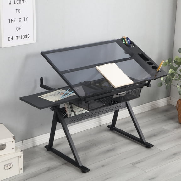Height & Angle Adjustable Glass Drafting Desk, Large Storage Art Table for Painting Crafting Design Students