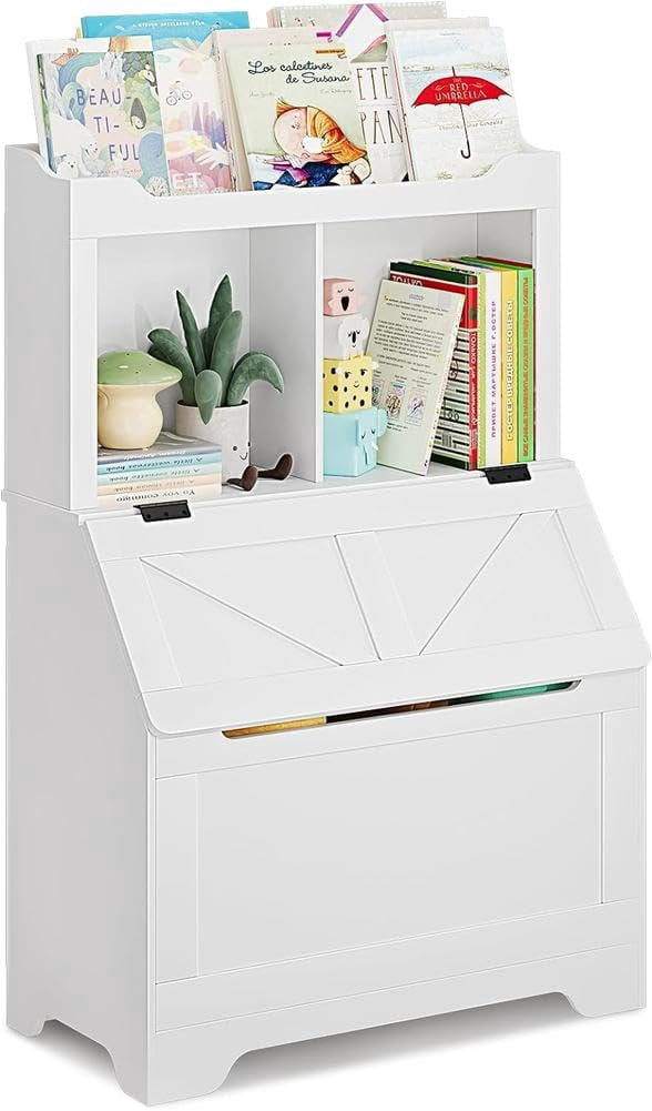 TROPOW Spacious 3-tier Wooden Kids Bookcase and Toy Storage Organizer with Flip-Top Lid, Versatile Design for Playroom, Bedroom, Nursery, and Kindergarten - Child-Friendly Toy Chest Organizer