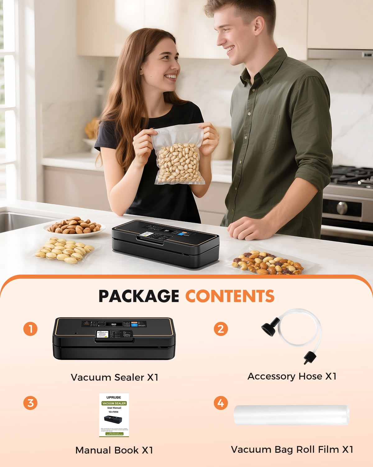 UPRUBE Vacuum Sealer for Food, 9-in-1 Built-in Cutter Food Vacuum Saver Sealer Machine, Include One Roll Bags ,95kPa Strong Vacuum