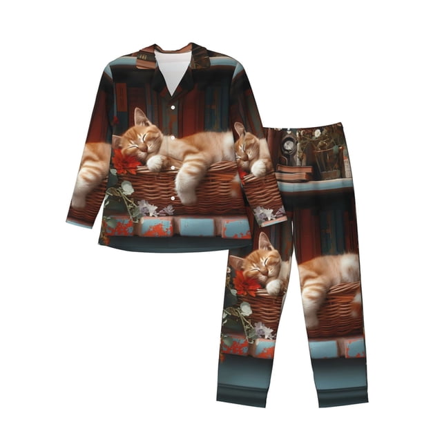 Fotbe Cat Asleep Among Flowers Pijama de Hombre con Estampado de Manga Larga, Conjunto de 2 Piezas, Ropa de Dormir Suave y Cómoda con Bolsillos-Small