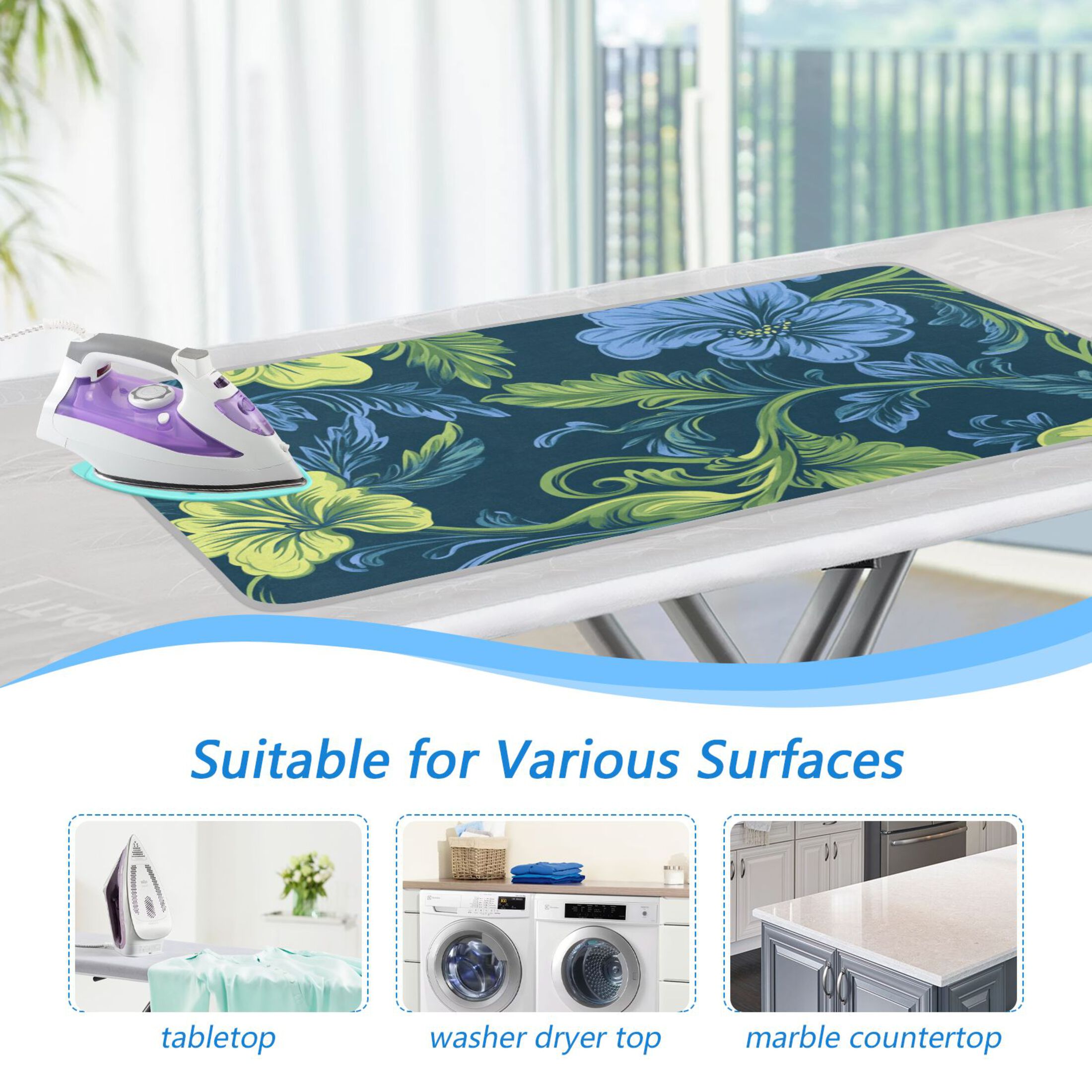 Green Blue Florals Hawaii Ironing Mat Blanket Portable Travel Ironing Pad Heat Resistant Pad 47.2" x 27.6”