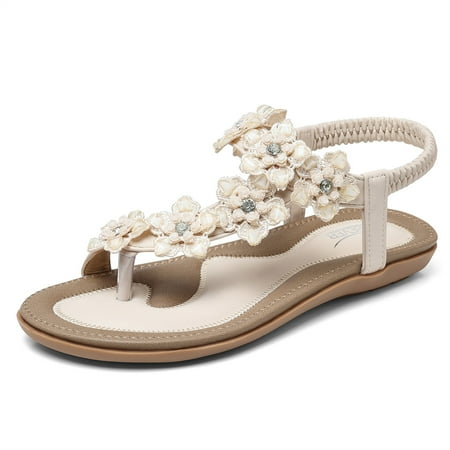 

SHIBEVER Flats Sandals for Women Summer Bohemian Elastic Ankle Strap Sandals Cute Comfortable Dressy Sandal Beach Shoes Apricot