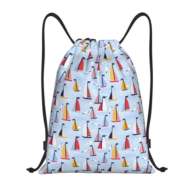 Saiise Sailboats And Seagulls Pattern Sports Drawstring Backpack - String Swim Gym Bag with Wet Proof Pocket for Women&Men-Small