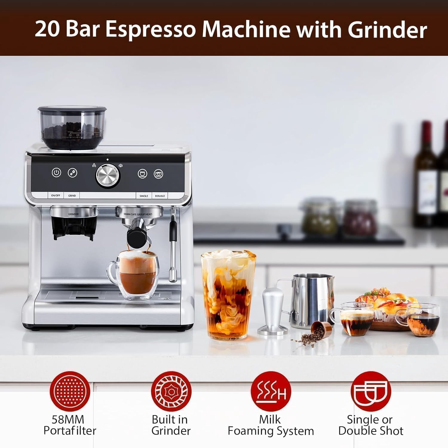 Ataucjin Espresso Machine with Grinder, Milk Frother Steam Wand, 95 oz Water Tank, 20 Bar Semi-Automatic Coffee Maker, Professional Coffee Maker, Espresso Coffee Machine for Home Office