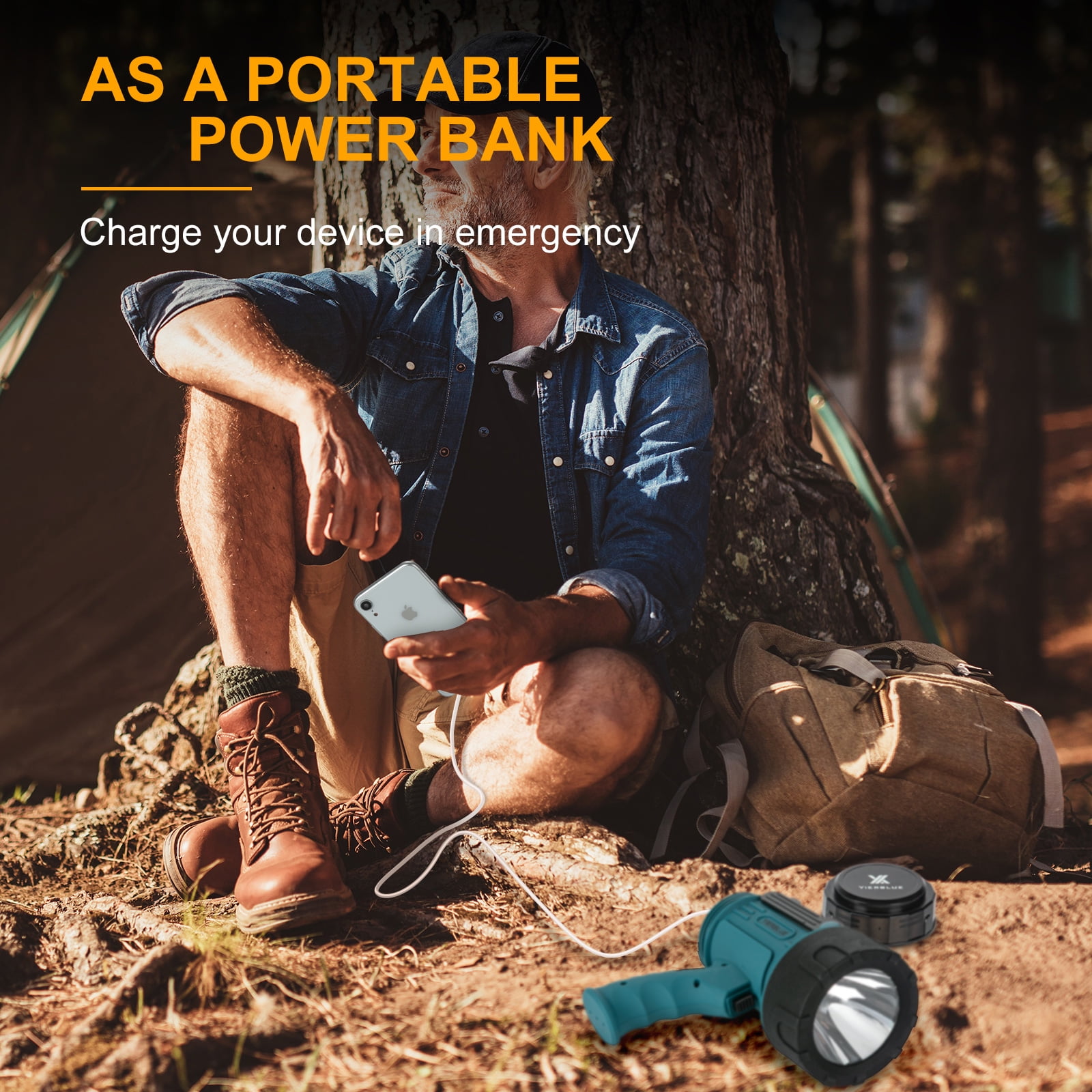 YIERBLUE Rechargeable Spotlight Flashlight, 300000 Lumen LED, IP67 Waterproof, Impact Resistant, with Foldable Stand and Detachable Red Lens