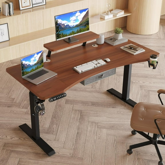 63x30 Inches Dual Motor Electric Standing Desk with Drawer, Adjustable Height Sit Stand Up Desk with Storage Shelf, Home Office Desk