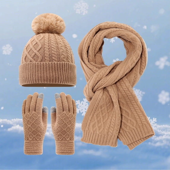 Krdevn 3Pcs Cable Knit Winter Hat Scarf Gloves Set, Pom Pom Thermal Warm Accessory Kit for Women Outdoor Cold Weather,Khaki