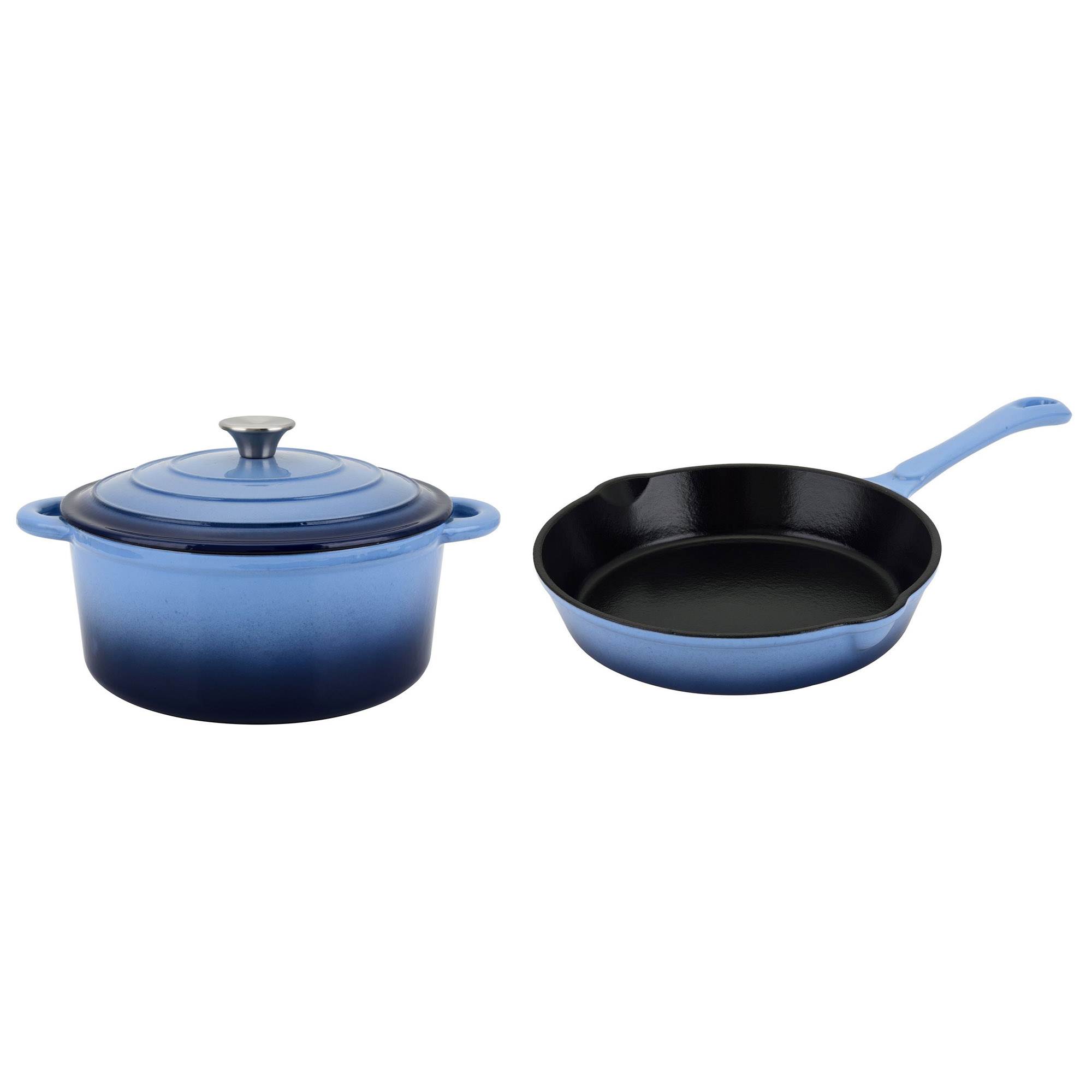 Hamilton Beach 5.5 Q Blue Enameled Cast Iron Dutch Oven & 10" Frying Pan w/ Lid