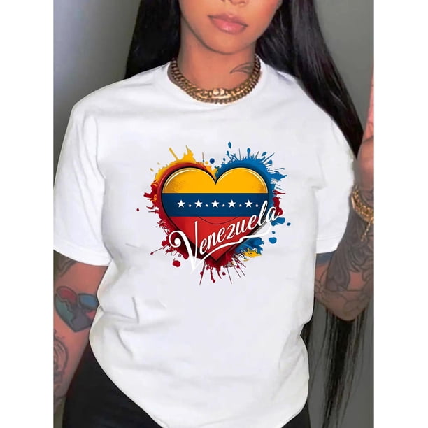 Camiseta de manga corta para mujer, camisetas tipo túnica, trajes de regalo cómodos, ropa deportiva, camisetas de verano, camiseta básicaCreative Heart Flag Graphic Print T-shirt, Casual Round Neck
