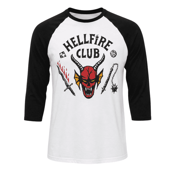 Stranger Things Hellfire Club Adult Raglan T-Shirt Officially Licensed Baseball Style Graphic Tee Unisex Halloween Costume Shirt