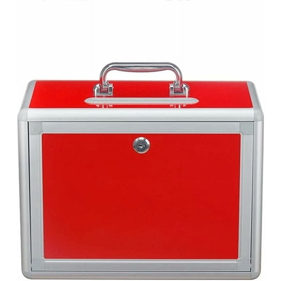 Charity Donation Box, Multifunctional Secure Storage Container With Handle For Easy Portability, Red Square Design Aluminum Alloy And Metal Lockable Ballot Box, 340Mm X 190Mm X