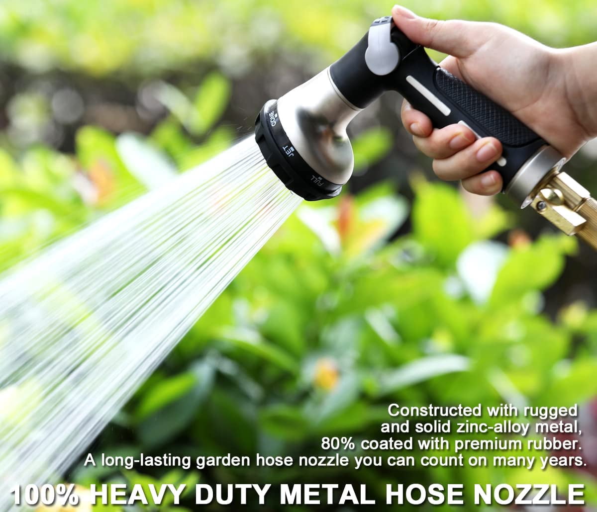Garden Hose Nozzle 100% Heavy Duty Metal, Water Hose Sprayer with 8 Watering Patterns, Thumb Control On Off Valve, High Pressure Nozzle Sprayer for Watering Plants, Car and Pet Washing, Black