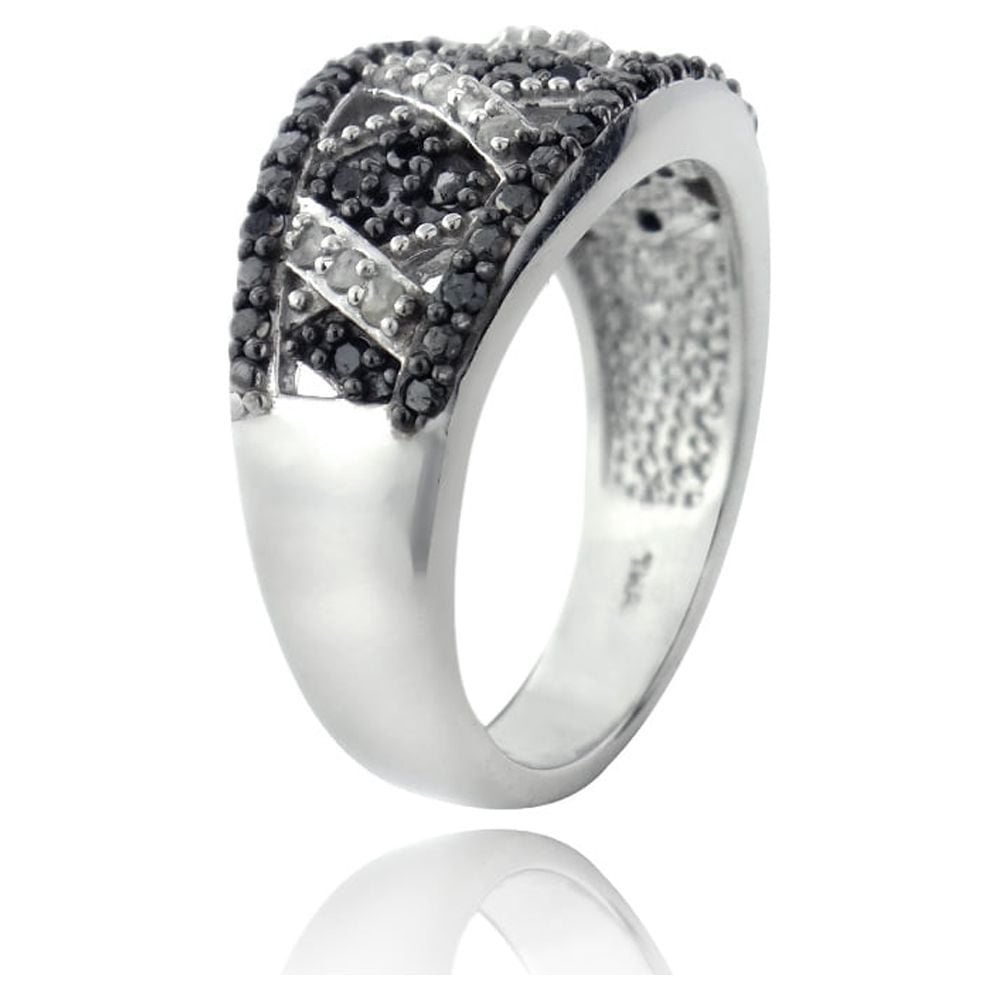 0.50 Carat Black & White Diamond Criss Cross Silver Tone Band Ring, Size 8