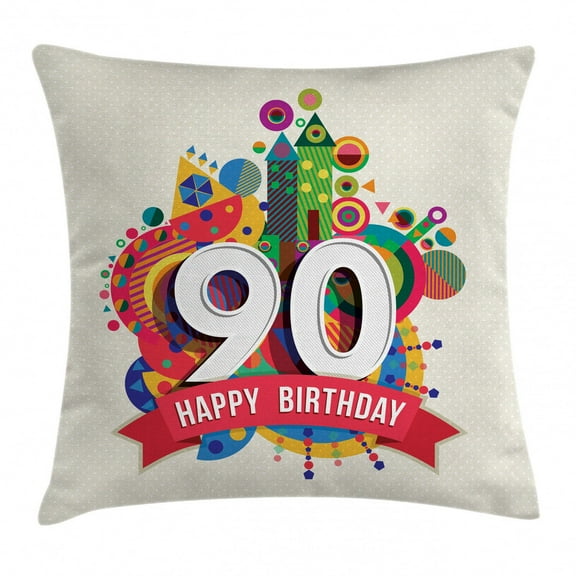 90th Birthday Decorations Throw Pillow Cushion Cover, Funky Pop Geometrical Fun Celebration Cute Colorful Greetings, Decorative Square Accent Pillow Case, 18 X 18 Inches, Multicolor, by Ambesonne
