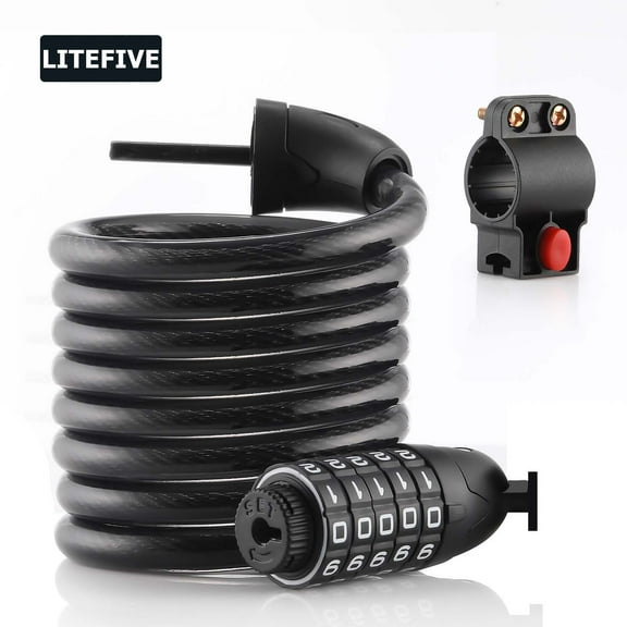LITEFIVE Scooter Lock Cable, Heavy Duty 5-Digit Self Coiling Bike Lock with Mounting Bracket