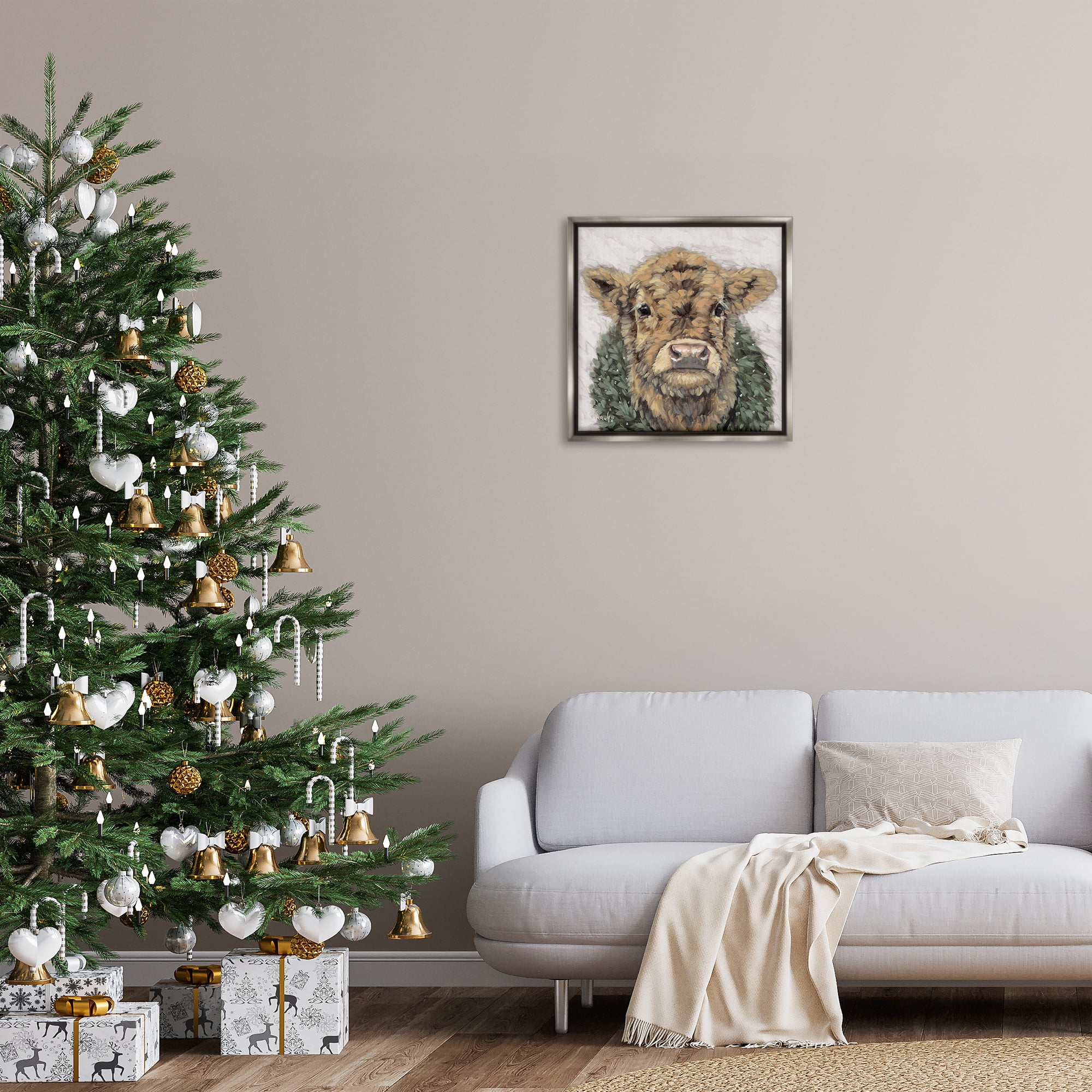 Stupell Industries Calf with Holiday Wreath Holiday Painting Gray Floater Framed Canvas Art Prints Wall Art, 25 x 25