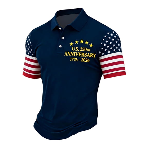 LNZGNM Mens Polo Shirt 250Th Anniversary USA Button Down Golf Shirt Lapel Golf Polos Stylish Outdoor Tops,Navy 4XL