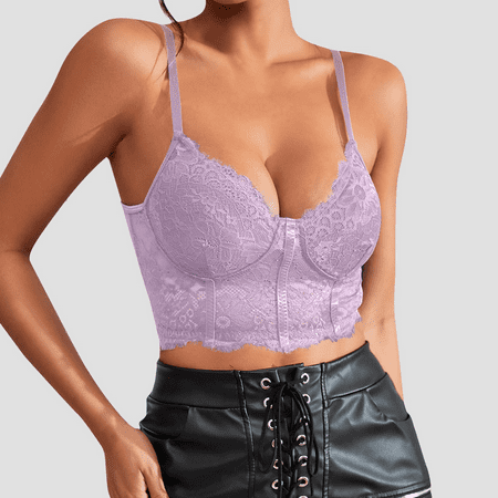 Fulorrnie Bras for Women Lift Wirefree Supportive Comfort Balconette Lace Stretchable Spaghetti Straps Bra Light Purple L