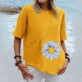 thumbnail image 2 of Chemises d'Été pour Femmes Col Rond Imprimé Coton Lin Haut Grande Taille Ourlet Irrégulier Décontracté Confortable Manches Courtes Blouse, 2 of 4