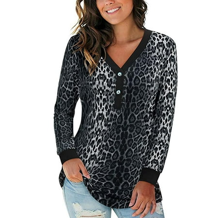 

Fashion Woman V-Neck Long Sleeve T-Shirt Autumn Button Printing Blouse Tops black long sleeve shirt women corset tops for women Black M