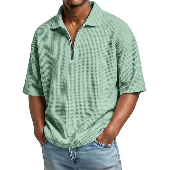Lumtrix Short Sleeve Waffle Shirts For Men Quarter Zip Pullover Casual Slim Fit Stand Collar Polo Shirt Textured Knit Casual Tops Light Green M
