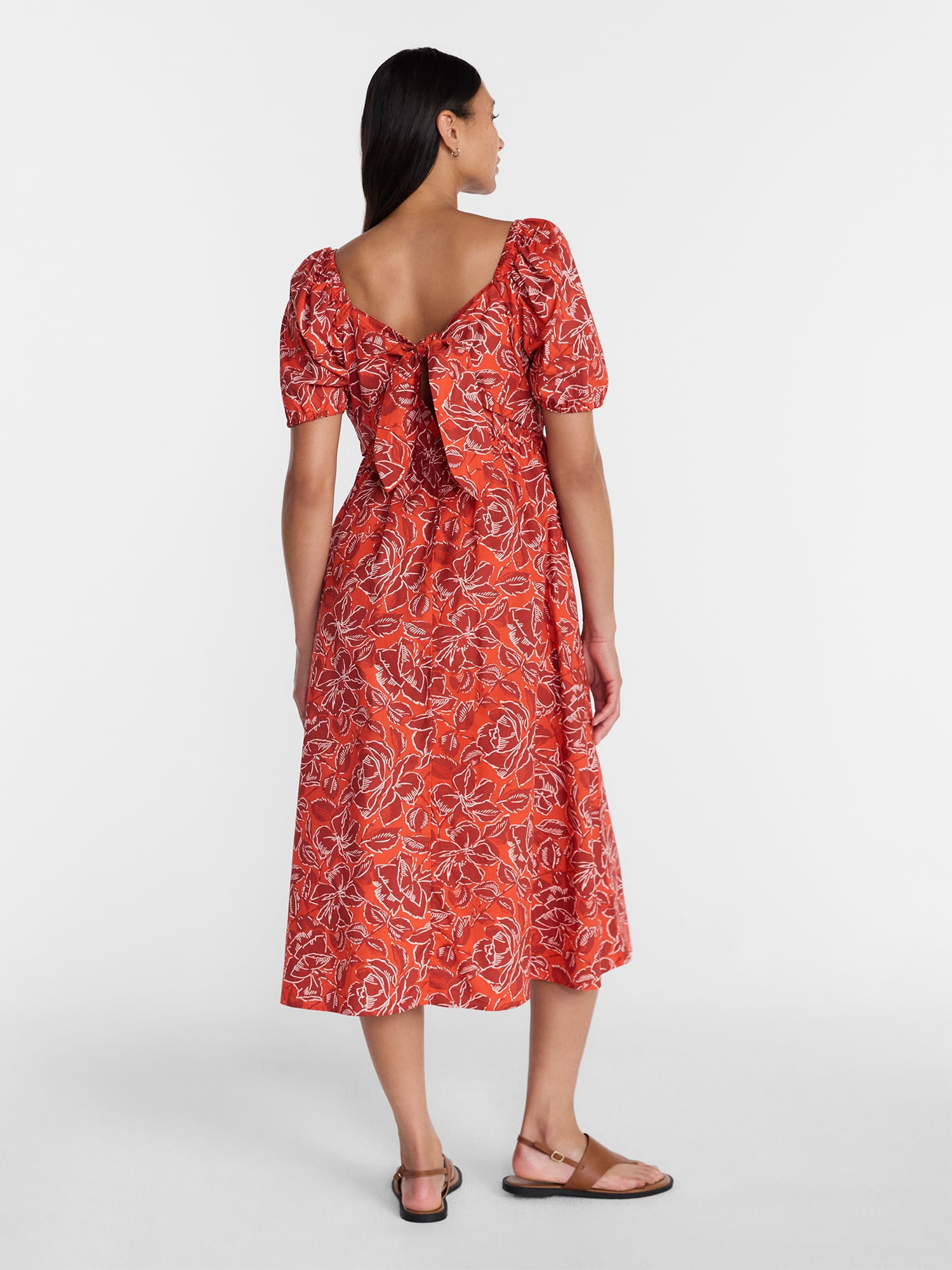Time and Tru Women's and Women's Plus Cotton Back Tie Midi Dress with Short Puff Sleeves, Sizes XS-4X