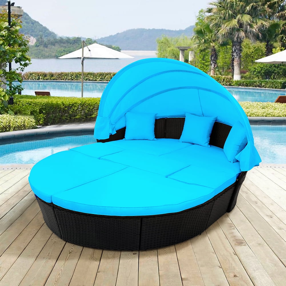 Private Jungle Outdoor Rattan Daybed Sunbed with Retractable Canopy Wicker Furniture, Round Outdoor Sectional Sofa Set, Blue Private Jungle Outdoor Rattan Daybed Sunbed with Retractable Canopy Wicker Furniture, Round Outdoor Sectional Sofa Set, Blue