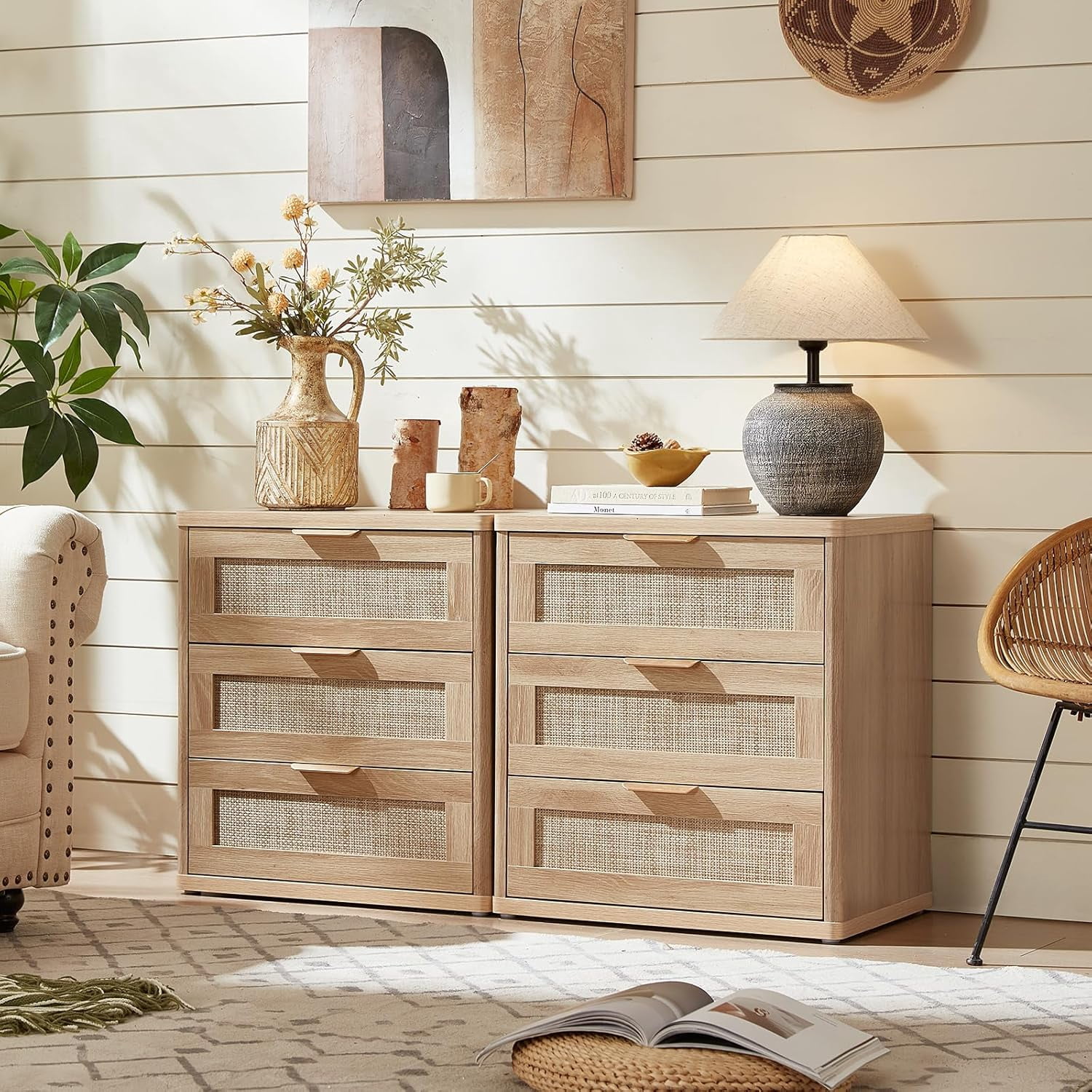 LEYAOYAO 3-Piece Rattan Dresser & Nightstand Set - Natural Oak 6-Drawer Dresser (48") & 2 Nightstands, Boho Bedroom Furniture Set with Storage