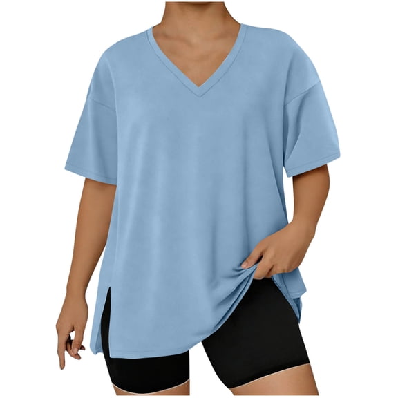 Purcolt Womens Plus Size Summer Tops Side Slit Short Sleeve V Neck T Shirts Casual Loose Tunic Tops Solid Color Tees Blouses L-5XL