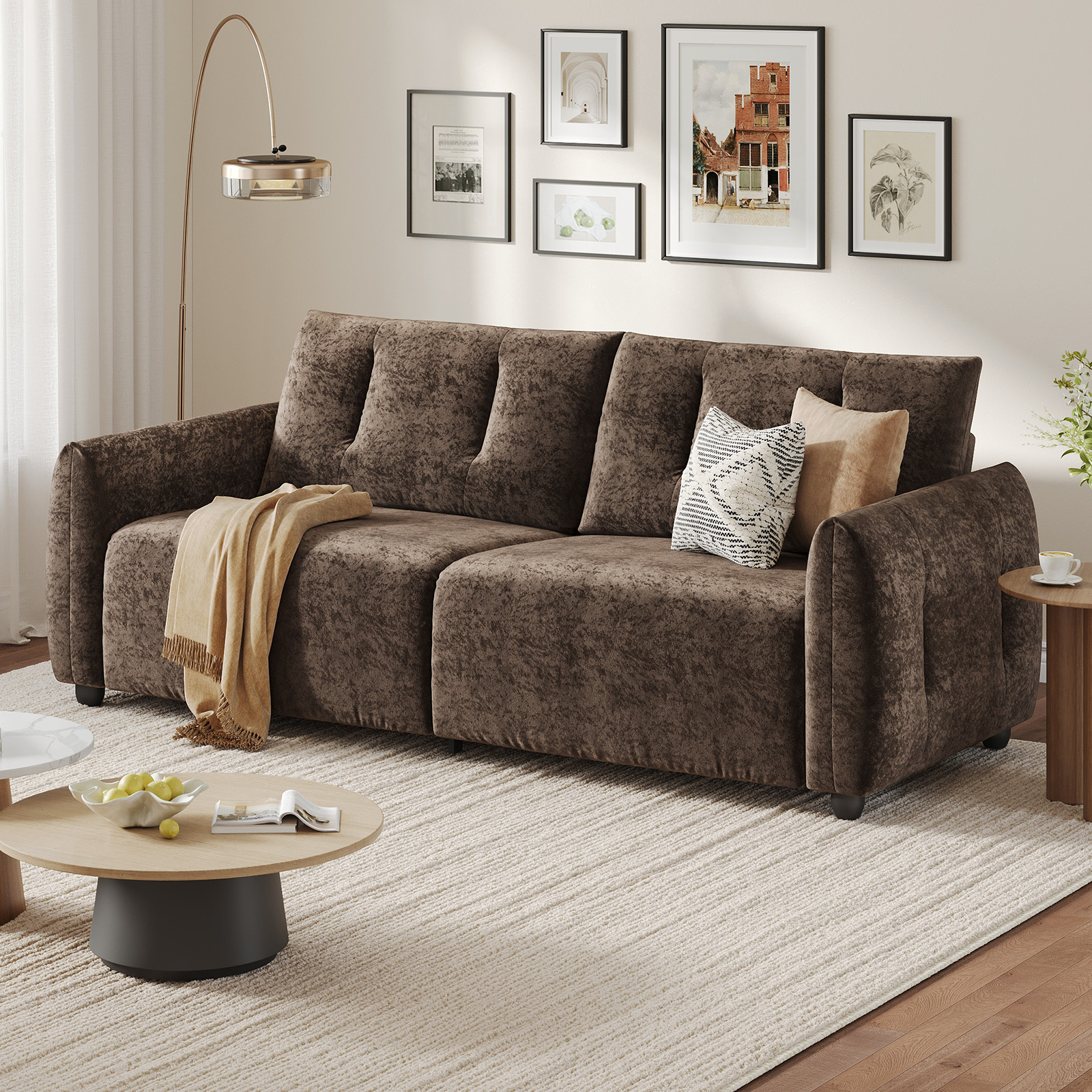 COPIAE 84.5 Inch Loveseat Sofa, Modern Couch and Sofa, Feather-tip armrest design, Sturdy and Easy Installation, Small Sofa for Living Room Bedroom Office and Apartment, Chenille Fabric,Dark Brown