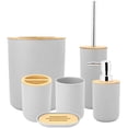 thumbnail image 1 of AYNEFY Juego de baño de 6 piezas, accesorios de baño modernos, inodoro, accesorios de baño, kit de baño, dispensador de jabón, portacepillos de dientes, jabonera, taza, juego de portaescobillas, bote de basura, bambú + PP (negro), 1 of 7