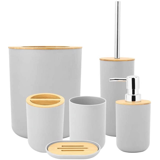AYNEFY Juego de baño de 6 piezas, accesorios de baño modernos, inodoro, accesorios de baño, kit de baño, dispensador de jabón, portacepillos de dientes, jabonera, taza, juego de portaescobillas, bote de basura, bambú + PP (negro)