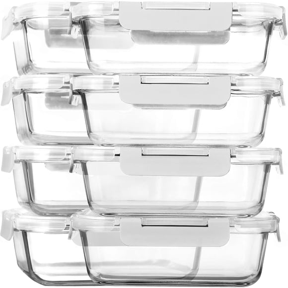 [Recipientes para preparación de comidas] MCIRCO Glass, paquete de 8 unidades, 900 ml con tapas, color blanco