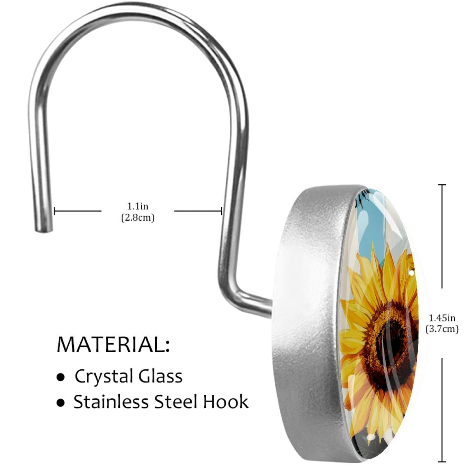 Sunflower Bees on Blue White Stripes Shower Curtain Hooks Round Crystal Glass, Set of 12 Shower Curtain Rings - Shower Hooks for Curtain Shower Rings
