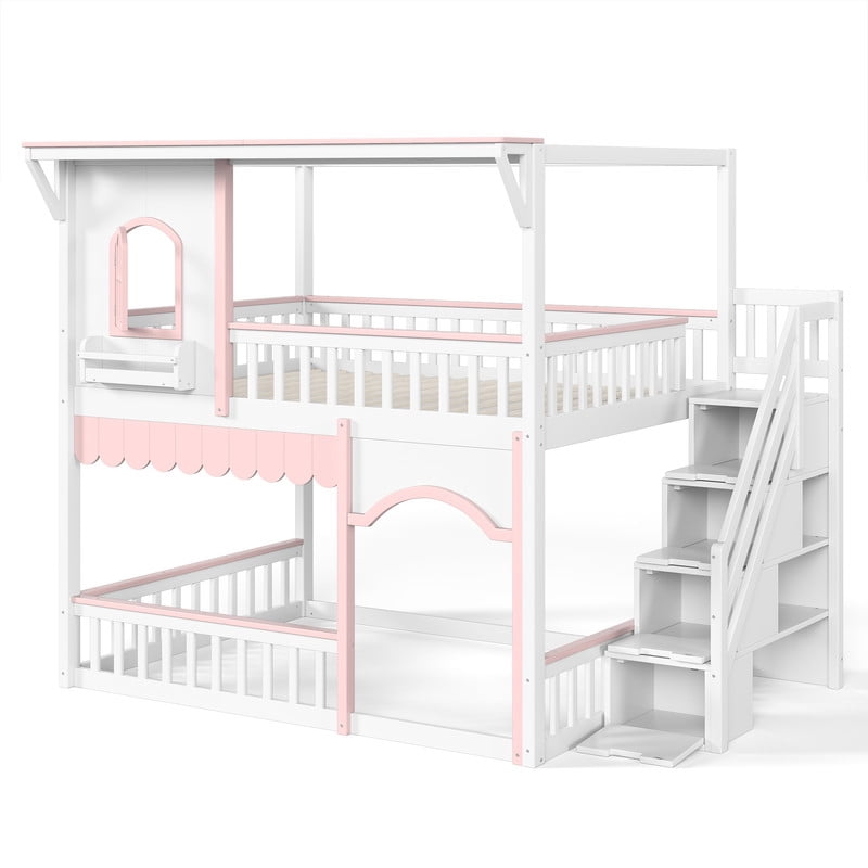 Full-Over-Full Wood Storage Bed Frame with Staircase & Small Bookshelf, Kids House Bunk Bed with Window, Eave & Door