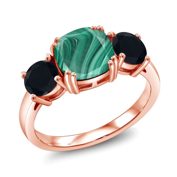 Gem Stone King 18K Rose Gold Plated Silver Green Malachite and Black Onyx 3 Stone Engagement Ring for Women (3.95 Cttw, Gemstone, Cushion 8MM, Size 5)