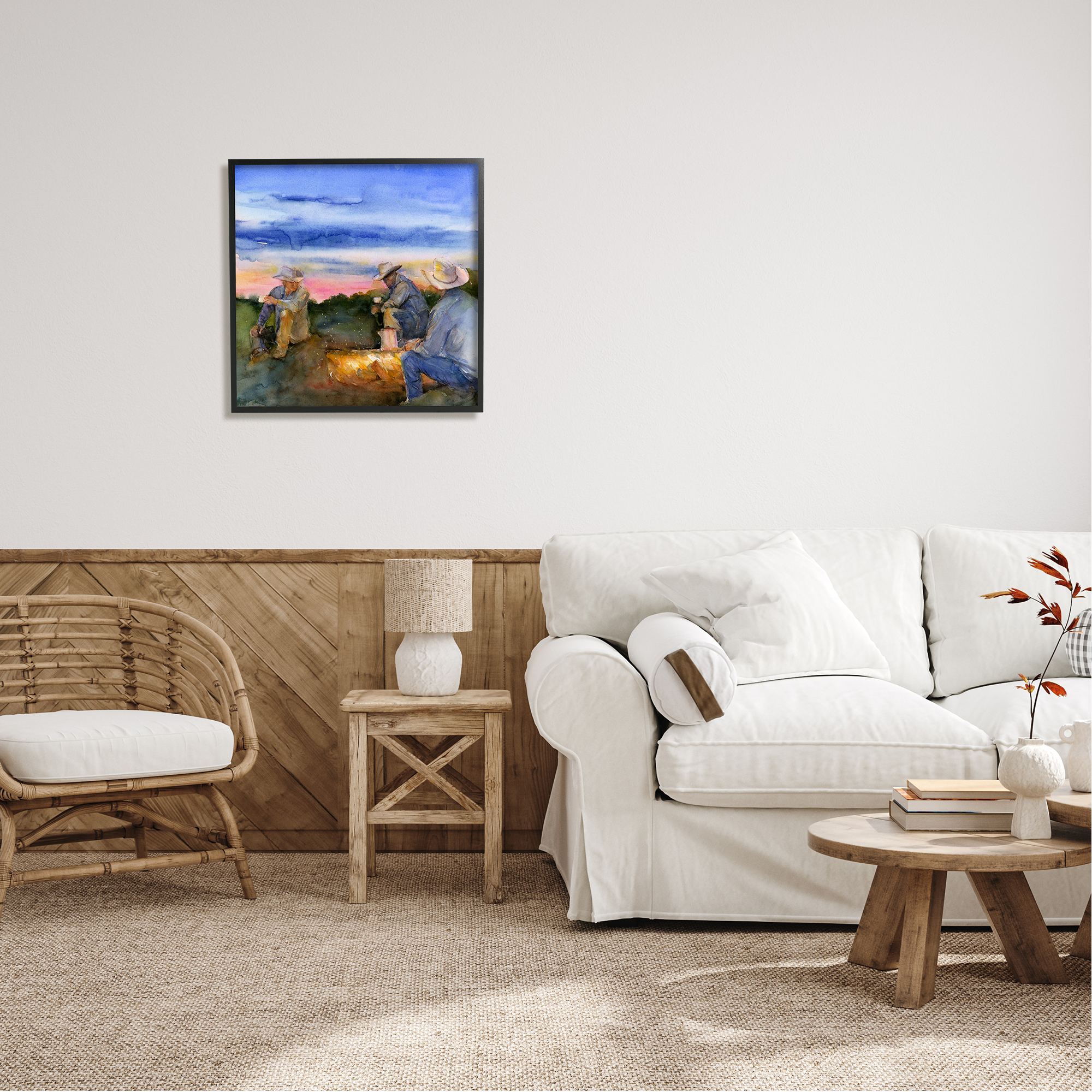 Stupell Industries Cowboys Around Campfire Landscape Painting Black Framed Art Print Wall Art, 24 x 24