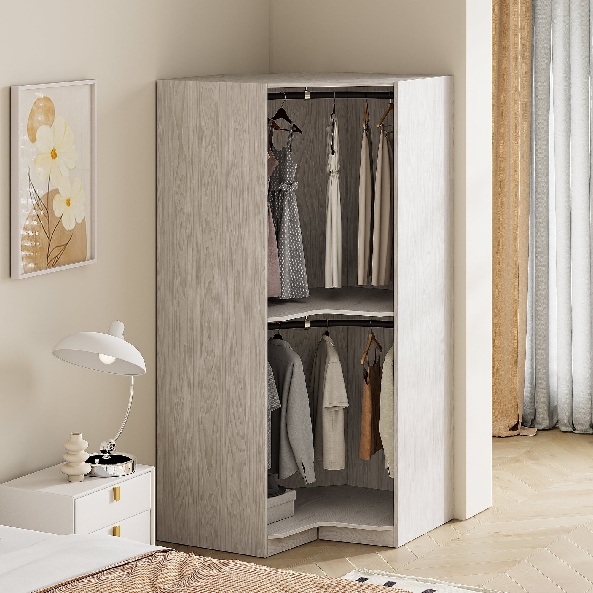 Euroco 63.6" Armoires, Modern Polygon Corner Wardrobe for Kids Adults, Natural