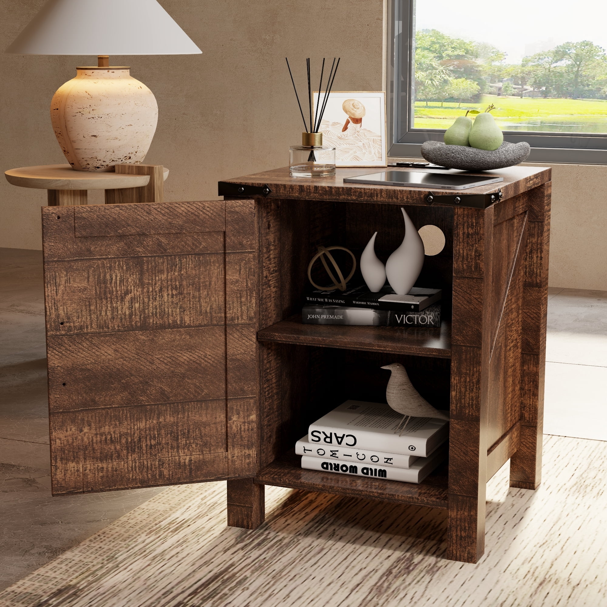 OKD Nightstand Set of 2 with Charging Station, Farmhouse Rustic Wood Side Table for Living Room, End Table for Bedroom, Reclaimed Barnwood