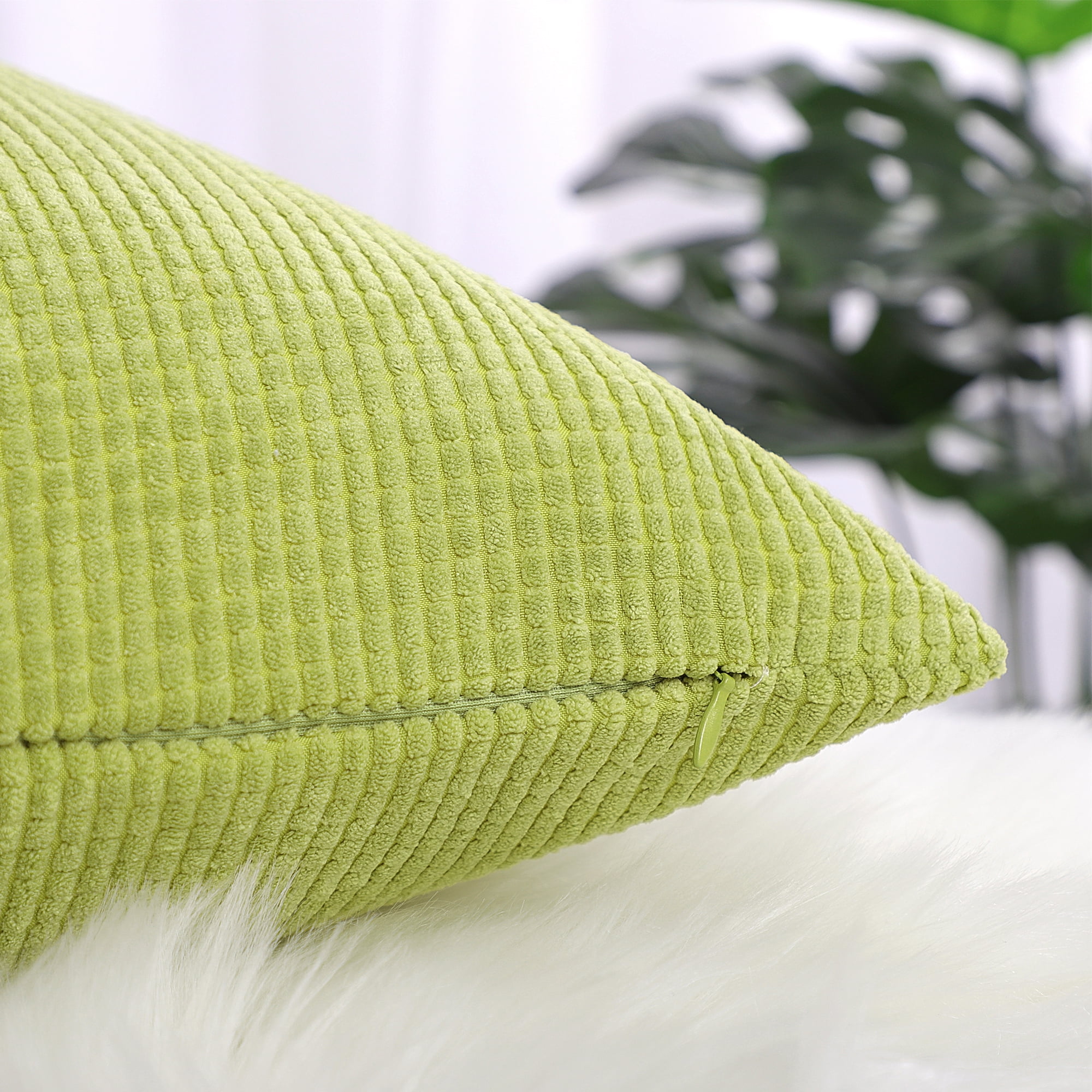 PiccoCasa Velvet Corn Striped Square Throw Pillow Cover, Light Green, 26"x26"
