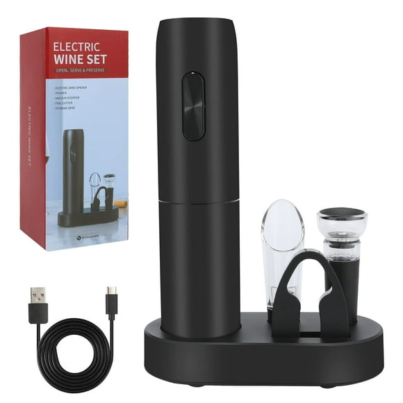 VIDYSUFYR Electric Wine Bottle Opener Set with Charging Base- Black, Automatic Wine Bottle Opener with Led Light, Rechargeable Corkscrew Kit with Aerator,Foil Cutter,Stoppers