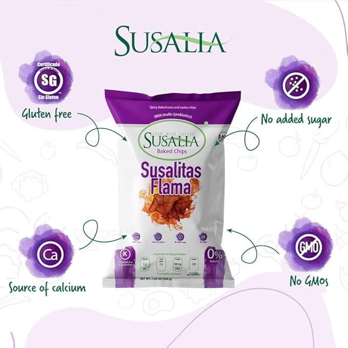 SUSALIA Susalitas Flama | 4 bags, 7.05 ounce each | Gluten Free Flaming Hot Corn & Cactus Chips | Healthy Snacks